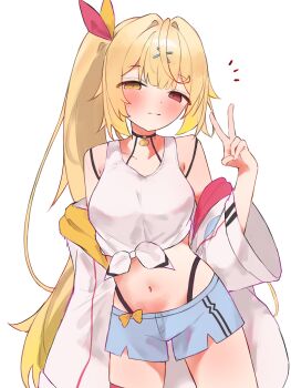 1girl absurdres black_panties blonde_hair blue_shorts breasts closed_mouth commentary_request hair_ornament heterochromia highleg highleg_panties highres hoshikawa_sara hoshikawa_sara_(1st_costume) jacket long_hair medium_breasts navel nijisanji panties ponytail red_eyes shirt shorts smile solo tepenchi tied_shirt underwear v very_long_hair virtual_youtuber white_background white_jacket white_shirt x_hair_ornament yellow_eyes