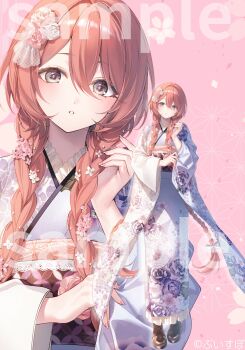 1girl amayui_moka boots braid commentary_request floral_print floral_print_kimono full_body grey_eyes hand_up highres japanese_clothes kimono long_hair long_sleeves looking_at_viewer low_twin_braids official_art parted_lips pink_hair print_kimono sample_watermark second-party_source solo standing thigh_boots toosaka_asagi twin_braids virtual_youtuber vspo! watermark white_kimono wide_sleeves zoom_layer