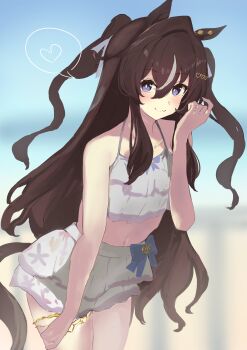 1girl :3 absurdres animal_ears bare_shoulders bikini bikini_skirt brown_hair commentary_request ear_ornament floral_print floral_print_bikini frilled_bikini frills hair_between_eyes heart highres horse_ears horse_girl long_hair looking_at_viewer mole mole_under_eye navel official_alternate_costume official_alternate_hairstyle pink_bikini print_bikini ruffle_bikini smile solo spoken_heart swimsuit takinii umamusume vivlos_(eclat_d&#039;ete)_(umamusume) vivlos_(umamusume) white_streaks