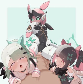 1boy 3girls animated arm_warmers asymmetrical_bangs black_hair black_nails black_sclera blush bow breasts chinatsu_remiel choker clothed_female_nude_male colored_sclera covering_own_mouth cowgirl_position girl_on_top green_bow green_eyes green_hair group_sex hair_bow hairpin half-closed_eyes halo heart heart-shaped_pupils humanoid_robot joints large_penis loli maru039 multicolored_hair multiple_girls multiple_hairpins navel nipple_stimulation nipple_tweak nude penis pink_hair pussy red_eyes robot robot_girl robot_joints rokudu_sariel shirt simple_background small_breasts straddling striped_arm_warmers symbol-shaped_pupils tagme thick_thighs thighs tongue tongue_out twintails vaginal video white_shirt yutane_johiel zenless_zone_zero