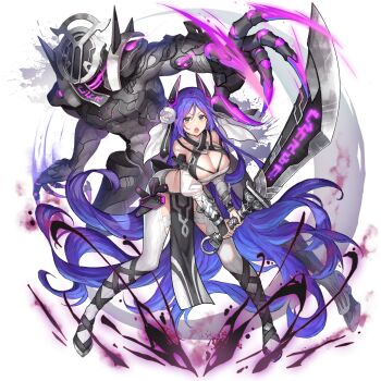 1girl action_taimanin bare_shoulders blue_hair breasts cleavage clothing_cutout echizen_saya familiar fingernails flower flower_knot full_body grey_eyes hair_ornament holding holding_sword holding_weapon large_breasts long_hair official_art okuma_mai open_mouth puppet sharp_fingernails simple_background solo sword taimanin_(series) transparent_background very_long_hair weapon
