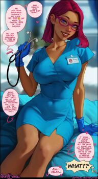 1girl aroma_sensei artist_name blue_dress blue_gloves blurry blurry_background breasts character_name collarbone commentary dress english_commentary english_text feet_out_of_frame freckles glasses gloves highres holding holding_stethoscope id_card indoors large_breasts looking_at_viewer maru_(stardew_valley) medium_hair mole mole_on_breast open_mouth patreon_username purple_eyes red-framed_eyewear red_hair sitting smile speech_bubble stardew_valley stethoscope teeth