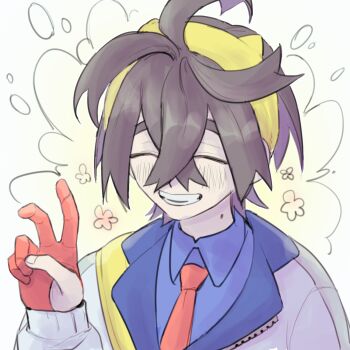 1boy ahoge apple_ojisang black_hair blue_shirt blueberry_academy_school_uniform closed_eyes collared_shirt colored_inner_hair commentary crossed_bangs gloves hair_between_eyes hairband highres kieran_(pokemon) long_sleeves male_focus mole mole_on_neck multicolored_hair nintendo open_mouth partially_fingerless_gloves pokemon pokemon_sv purple_hair red_gloves school_uniform shirt single_glove smile solo teeth two-tone_hair v yellow_hairband