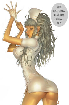 1girl adjusting_clothes adjusting_gloves alien1452 ass back breasts covered_erect_nipples dress earrings female_focus gloves hat highres impossible_clothes impossible_shirt jewelry korean_text large_breasts latex latex_gloves lips long_hair looking_back narrow_waist no_bra no_panties nurse nurse_cap open_mouth original shirt short_dress silver_hair skin_tight solo speech_bubble text_focus translated