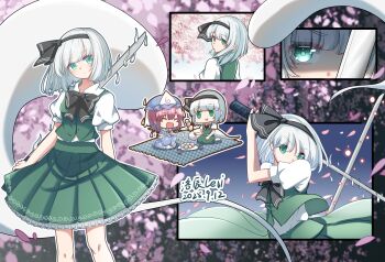 2girls absurdres artist_name black_bow black_bowtie black_hairband blue_kimono bow bowtie cherry_blossoms chibi chinese_commentary closed_eyes closed_mouth commentary dango dated falling_petals feeding food frilled_kimono frilled_skirt frills green_eyes green_skirt green_vest grey_hair hairband hat highres hitodama holding holding_skewer japanese_clothes katana kimono konpaku_youmu konpaku_youmu_(ghost) looking_at_viewer luo_chen_levi mob_cap multiple_girls open_mouth petals picnic_blanket pink_hair pink_petals pleated_skirt puffy_short_sleeves puffy_sleeves saigyouji_yuyuko sanshoku_dango shirt short_sleeves sitting skewer skirt skirt_set sword touhou triangular_headpiece vest wagashi weapon white_shirt