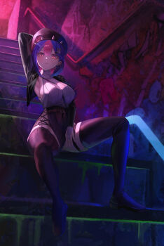 1girl arm_up armpits between_breasts bing_hayu black_hat black_jacket black_leotard black_shoes black_thighhighs bolcham breasts clock_hair_ornament closed_mouth colored_inner_hair covered_navel crop_top cropped_sweater cross-laced_clothes cross-laced_leotard double-parted_bangs full_body graffiti hashtag-only_commentary hat highres jacket large_breasts leather leather_jacket leotard leotard_under_clothes long_sleeves looking_at_viewer luvdia medium_hair mole mole_under_eye multicolored_hair neon_lights open_clothes open_jacket railing shoes sitting sitting_on_stairs sleeveless sleeveless_sweater solo stairs streaked_hair sweater thigh_strap thighhighs turtleneck turtleneck_sweater two-tone_hair virtual_youtuber white_sweater