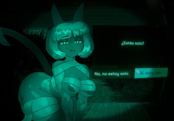 1girl animal_ears breasts cat_ears cat_girl cat_tail dark_areolae erhhhgf fang huge_breasts large_areolae looking_at_viewer ms._fortune_(skullgirls) mummy_costume no_i&#039;m_not_a_human_(style) scar scar_on_arm short_hair skullgirls solo tail