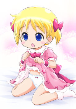 1girl bed blonde_hair blue_eyes blush blush_stickers bow bow_panties clothes_lift crotch_seam dress dress_lift gra_(artist) hair_bow lace lace-trimmed_panties lace_trim loli navel on_bed open_mouth original panties pink_background pink_bow pink_dress puffy_sleeves red_bow short_hair short_sleeves sitting socks twintails underwear waist_bow white_panties white_socks wristband