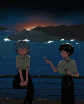 2boys against_railing belt black_hair black_pants blush brown_belt cellphone collared_shirt commentary_request earphones grey_hair highres holding holding_phone ikari_shinji looking_at_another male_focus mountain multiple_boys nagisa_kaworu neon_genesis_evangelion ocean on_railing pants phone railing school_uniform shirt shirt_tucked_in short_hair smartphone sunset tobias_(heavenstar) tokyo-3_middle_school_uniform undershirt v_arms white_shirt