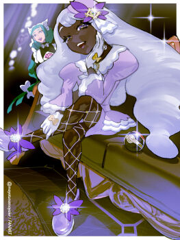 2girls blurry border commentary couch crossed_legs dark-skinned_female dark_skin dress fishnet_pantyhose fishnets glove_bow gloves green_hair hand_up head_rest headdress highres jacinthe_(pokemon) lebanne_(pokemon) long_hair long_sleeves luxury_ball mayotsunamayo multiple_girls nintendo outside_border pantyhose peeking_out poke_ball pokemon pokemon_legends:_z-a puffy_sleeves purple_shoes shoes sitting sparkle tilted_headwear white_border white_gloves