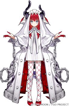1girl blood blue_eyes chain colored_fingertips copyright_name cuffs dragon_girl dragon_horns dragon_tail dress elizabeth_bathory_(avenger)_(fate) elizabeth_bathory_(fate) fate/grand_order fate_(series) fingernails fishnets fishnets_over_socks full_body handcuffs horns iron_maiden long_fingernails long_hair looking_at_viewer neck_ribbon official_art outline pink_outline red_hair red_shoes ribbon shoes solo standing tachi-e tail thighhighs transparent_background veil wada_arco white_dress white_headdress white_ribbon white_thighhighs white_veil zettai_ryouiki