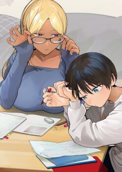 2girls :o akira_(takou_no_boyish_kanojo) bed black-framed_eyewear black_hair blonde_hair blue_eyes book boyish_kanojo_ga_kawaisugiru breast_rest breasts breasts_on_table character_request collar commentary_request dark-skinned_female dark_skin elbows_on_table eraser glasses highres holding holding_pen indoors large_breasts long_hair long_sleeves looking_at_another medium_breasts mmmo3 multiple_girls open_book paper parted_bangs parted_lips pen purple_eyes removing_eyewear short_hair sitting square_neckline studying table tan tutor