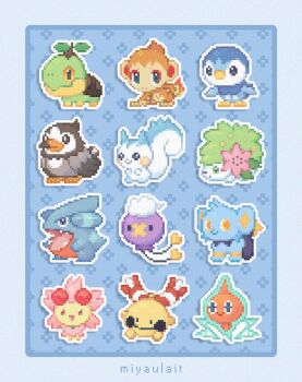 :d artist_name blue_background border cherrim cherrim_(sunshine) chimchar chingling closed_mouth drifloon gen_4_pokemon gible highres legendary_pokemon miyaulait mythical_pokemon nintendo no_humans open_mouth outline pachirisu piplup pixel_art pokemon pokemon_(creature) pokemon_focus rotom rotom_(normal) shaymin shaymin_(land) shinx smile starly turtwig yellow_eyes
