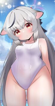 1girl absurdres artist_request bare_legs bare_shoulders blue_archive blue_halo blue_sky blush female_focus from_below grey_hair halo highres kokona_(blue_archive) loli long_hair looking_at_viewer one-piece_swimsuit open_mouth orange_eyes outdoors sky solo swimsuit very_long_hair white_one-piece_swimsuit