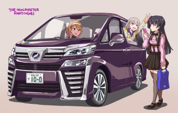 3girls aqua_eyes arm_up bag black_eyes black_hair black_ribbon black_shoes black_skirt black_thighhighs blue_hoodie brown_eyes brown_hair car cellphone commentary_request copyright_name earrings frilled_sleeves frills grey_background grey_hair grey_jacket hairband hand_up holding holding_bag holding_phone hood hoodie idolmaster idolmaster_shiny_colors izumi_mei jacket jewelry jirai_kei license_plate long_hair looking_at_another mary_janes mayuzumi_fuyuko medium_hair motor_vehicle multiple_girls neck_ribbon open_mouth parted_lips phone pink_shirt ribbon satomura_kyou serizawa_asahi shirt shoes shopping_bag shoshinsha_mark simple_background skirt smartphone smile standing straylight_(idolmaster) suspender_skirt suspenders thighhighs toyota toyota_alphard two_side_up waving wavy_hair white_hairband zipper zipper_pull_tab