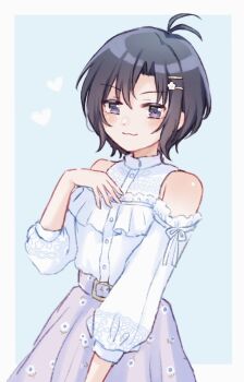 1girl :3 absurdres antenna_hair bare_shoulders black_hair blue_background blush border closed_mouth detached_sleeves floral_print floral_print_skirt frills hair_ornament hairclip hand_up heart highres idolmaster idolmaster_(classic) kikuchi_makoto kikuchi_makoto_(private_dress) long_sleeves looking_at_viewer print_skirt puffy_sleeves purple_skirt shirako_(srk_srtk) shirt short_hair skirt smile solo upper_body white_border white_shirt