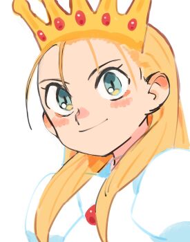 Rule 34 | 1girl, blonde hair, blue eyes, chest jewel, crown, cyberbots, devilot de deathsatan ix, dress, forehead, gan2, gem, gold crown, hair slicked back, highres, jeweled crown, juliet sleeves, light blush, long hair, long sleeves, looking at viewer, portrait, princess, puffy sleeves, red gemstone, smile, solo, white dress
