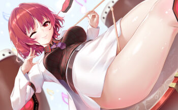 1girl absurdres black_shirt breasts collared_shirt commentary_request commission drum drumsticks dutch_angle highres horikawa_raiko instrument jacket looking_at_viewer medium_breasts miniskirt mitsudomoe_(shape) necktie nironiro one_eye_closed pencil_skirt pixiv_commission purple_necktie red_eyes red_hair shirt short_hair sitting skirt smile taiko_drum tomoe_(symbol) touhou white_jacket white_skirt