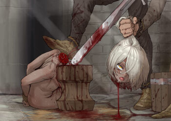 1girl 2others absurdres arms_behind_back blood blood_splatter bloody_weapon bound bound_arms breasts bucket chinese_commentary commentary_request crying crying_with_eyes_open dark-skinned_female dark_skin death decapitation ebonyxh execution eyes_visible_through_hair freckles guro hair_over_one_eye highres holding_another&#039;s_hair multiple_others nude open_mouth original ringed_eyes rolling_eyes severed_head short_hair small_breasts eylin_eyla_(ebonyxh) solo_focus sweat tears tongue very_sweaty weapon white_hair yellow_eyes