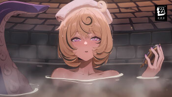 1girl absurdres bare_shoulders blonde_hair blush collarbone copyright_logo copyright_name highres holding_compass in_water logo looking_up monster_girl nude official_art onsen open_mouth portrait purple_eyes purple_nails scylla short_hair solo steam suction_cups tentacle_girl tentacle_tail tentacles towel towel_on_head wet wet_hair yidhari_murphy zenless_zone_zero
