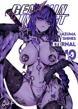 1girl absurdres braid braided_ponytail commentary defaultz english_commentary genshin_impact hair_ornament highres long_hair mole mole_under_eye nail_polish nipple_tassels pasties purple_eyes purple_hair raiden_shogun signature solo tattoo white_background