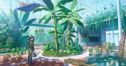 Rule 34 | 1girl, absurdres, balcony, banana, banana tree, baseball cap, bench, bird, black eyes, black hair, black shirt, blue footwear, blue hat, boots, bush, capybara, conservatory, crocodile, crocodilian, dappled sunlight, door, flower, food, fruit, full body, fumesh0702, glass ceiling, green jumpsuit, hand on headwear, hanging plant, hat, highres, holding, holding watering can, jumpsuit, layered sleeves, leopard, long hair, long sleeves, monkey, original, parrot, pink flower, plant, pond, ponytail, potted plant, profile, red flower, rock, rubber boots, scenery, shirt, short over long sleeves, short sleeves, smile, solo, stanchion, sunlight, swing, toucan, tree, vines, watering can, yellow flower, zoo, zookeeper
