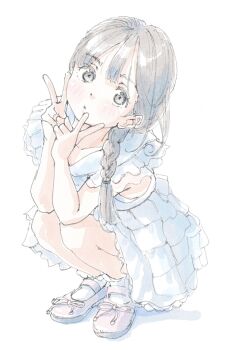 1girl blunt_bangs braid brown_eyes brown_hair dot_nose double-parted_bangs double_v dress frilled_dress frills highres knees long_hair looking_at_viewer original parted_lips pink_slippers poranka_(porankaran) simple_background slippers solo squatting v white_background white_dress
