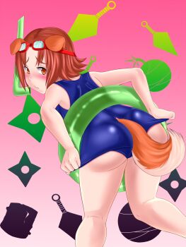 1girl adjusting_clothes animal_ears aq_interactive arcana_heart ass atlus bent_over blush brown_hair dog_ears dog_tail embarrassed examu female_focus from_behind highres innertube konoha_(arcana_heart) looking_back meganemausu orange_eyes school_swimsuit shiny_clothes short_hair solo swim_ring swimsuit tail