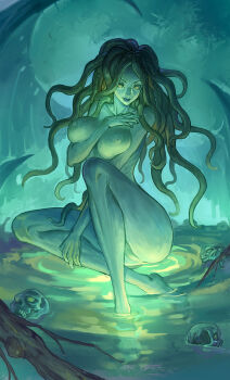 1girl arm_between_breasts arm_between_legs berserk between_breasts breasts colored_nipples completely_nude demon demon_girl demon_wings figure_four_sitting green_eyes green_hair green_nipples large_breasts long_hair looking_at_viewer musuanmao nipples nude ribs sitting skull slan_(berserk) smile solo tentacle_hair tentacles water wings