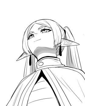 1girl absurdres capelet earrings elf frieren from_below gegegekman highres jewelry light_smile long_hair meme monochrome pointy_ears solo sousou_no_frieren twintails upward_angle_frieren_drawing_(meme)