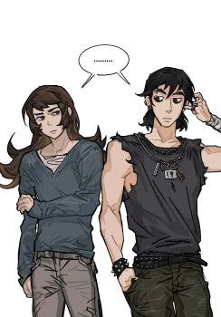 ... 2boys abaddon_(haunted_hotel) abaddon_(human)_(haunted_hotel) aged_up ben_10 black_hair black_shirt blue_eyes blue_shirt bracelet brown_eyes brown_hair chain chain_necklace chinese_commentary cowboy_shot eyebrow_piercing face_piercing hand_in_pocket haunted_hotel highres holding_own_hand jewelry kevin_levin lock long_hair looking_at_another male_focus multiple_boys multiple_rings necklace padlock piercing repeeksdnuorg ring shirt simple_background sleeveless sleeveless_shirt spiked_bracelet spikes spoken_ellipsis standing torn_clothes torn_shirt white_background