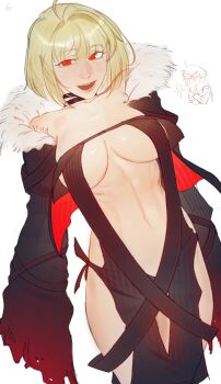 1boy 1girl absurdres arcueid_brunestud blonde_hair cosplay cowboy_shot fate/grand_order fate_(series) highres leodot red_eyes short_hair simple_background smile solo_focus tohno_shiki tsukihime white_background yu_mei-ren_(fate) yu_mei-ren_(fate)_(cosplay) yu_mei-ren_(third_ascension)_(fate)