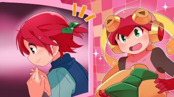 2girls 3suisousui blush brown_eyes green_eyes helmet highres long_hair mayl_sakurai_(mega_man) mega_man_(series) mega_man_battle_network_(series) multiple_girls netnavi open_mouth pink_helmet ponytail red_hair roll.exe_(mega_man) short_hair tongue