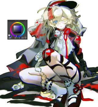 1boy art_program_in_frame black_jacket black_shoes blue_eyes cape cloud_(lufaeris) crossed_bangs full_body grey_cape grey_hair hair_between_eyes heterochromia highres jacket long_hair looking_at_viewer male_focus open_mouth original shoes simple_background sitting socks solo white_background white_socks yellow_eyes