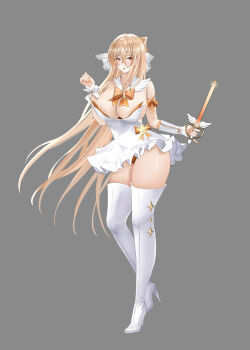 1girl absurdres azur_lane blonde_hair boots bow breasts changgong8745 cleavage commentary_request detached_collar dress full_body grey_background hair_between_eyes high_heel_boots high_heels highres holding implacable_(azur_lane) large_breasts long_hair long_hair_between_eyes looking_at_viewer magical_girl microdress orange_bow simple_background solo thigh_boots variant_set very_long_hair white_boots white_dress