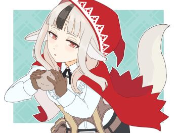 1girl animal_ears black_hair blue_background blush border breasts brown_gloves cape commentary_request fire_emblem fire_emblem_fates gloves grey_hair highres holding hood hooded_cape kasyo_2501 long_hair looking_at_viewer multicolored_hair nintendo outside_border red_cape red_eyes shirt simple_background small_breasts solo streaked_hair tail two-tone_hair velouria_(fire_emblem) white_border white_shirt wolf_ears wolf_girl wolf_tail