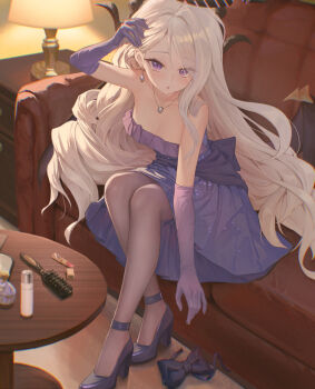 1girl :o ankle_strap blue_archive bottle chinese_commentary commentary_request cosmetics demon_horns demon_wings dress earrings gloves grey_hair hair_brush halo hand_mirror high_heels highres hina_(blue_archive) hina_(dress)_(blue_archive) horns indoors jewelry lantern lipstick_tube long_hair looking_at_viewer mirror multiple_horns necklace official_alternate_costume pantyhose perfume_bottle purple_dress purple_eyes purple_gloves purple_pantyhose sitting solo strapless strapless_dress very_long_hair wings yuye