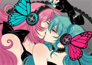 2girls absurdres black_bow black_choker black_dress blue_eyes blue_hair bow choker commentary dress english_commentary grey_background hatsune_miku headphones highres kiss long_hair magnet_(vocaloid) megurine_luka multiple_girls pink_hair tempusumbra twintails vocaloid yuri