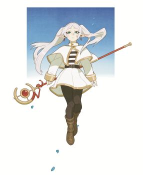 1girl absurdres belt black_belt black_pantyhose blue_background blue_petals boots border brown_boots capelet closed_mouth commentary earrings elf english_commentary falling_petals floating frieren full_body gold_trim green_eyes grey_hair highres holding holding_staff jacket jewelry long_hair looking_at_viewer pantyhose parted_bangs petals pointy_ears shirt skirt solo sousou_no_frieren staff striped_clothes striped_shirt thick_eyebrows twintails wampyrekeli white_border white_capelet white_jacket white_skirt