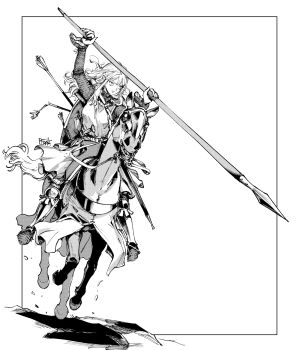 1girl armor arms_up arrow_(projectile) artist_name barding belt broken_arrow chainmail furrowed_brow greyscale highres holding holding_polearm holding_weapon horse horseback_riding knee_armor lance long_hair monochrome original parted_lips pirata_(gailtonatiu) polearm riding scabbard sheath shield shield_on_back sidelocks signature simple_background solo stirrups_(riding) tabard weapon white_background