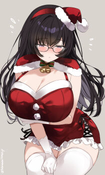 1girl arm_under_breasts bell black_hair breasts capelet cleavage closed_mouth commentary_request dress flying_sweatdrops fur-trimmed_capelet fur-trimmed_headwear fur_trim glasses gloves hat highres large_breasts long_hair mini_hat mini_santa_hat neck_bell original pom_pom_(clothes) red_capelet red_dress red_hat santa_costume santa_dress santa_hat solo thighhighs twitter_username urabanasimati white_gloves white_thighhighs