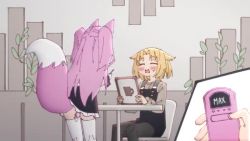 2girls =_= ^_^ angry animal_ear_fluff animal_ears animated apron between_legs black_dress black_footwear black_pantyhose black_shirt black_skirt blinking blonde_hair blue_eyes blush bow bowtie bucket buttons cellphone chair cleaning closed_eyes closed_mouth controller dress dropping ear_blush embarrassed english_text female_focus female_pervert flat_chest fox_ears fox_girl fox_tail frilled_apron frilled_skirt frills from_behind full_body grey_shirt hair_flaps hair_intakes hand_between_legs hand_on_own_cheek hand_on_own_face hand_on_own_thigh hand_up hands_up happy have_to_pee head_rest holding holding_cloth holding_menu holding_notepad holding_pen holding_phone indoors leaning_forward long_hair long_sleeves looking_at_another looking_at_viewer looking_back looking_up lowres maid menu midriff miniskirt miruru_(rune_(dualhart)) multiple_girls navel notepad o_o on_chair one_eye_closed open_mouth original own_hands_together pantyhose pee peeing peeing_self pen pervert phone pinafore_dress pink_hair puddle puffy_short_sleeves puffy_sleeves recording red_bow red_bowtie red_eyes remote_control remote_control_vibrator rita_(rune_(dualhart)) rune_(dualhart) saliva sex_toy shirt shoes short_sleeves sidelocks sitting skirt sleeveless sleeveless_dress smartphone smile split_mouth standing stomach surprised sweat table tail talking thighhighs top-down_bottom-up trembling two_side_up v-shaped_eyebrows v_arms vibrator vibrator_in_thighhighs vibrator_under_clothes video waist_apron waitress wavy_mouth white_apron white_eyes white_footwear white_thighhighs wince wrist_cuffs zettai_ryouiki