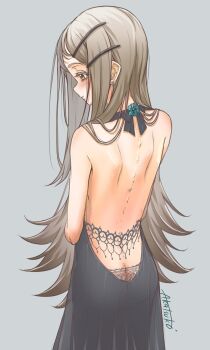 1girl akatsuki_(akatsukinotsuki) alternate_costume ass back backless_dress backless_outfit black_dress blonde_hair blush butt_crack colored_eyelashes commentary_request dress flipped_hair gakuen_idolmaster highres idolmaster long_hair looking_ahead orange_eyes profile shinosawa_hiro shoulder_blades signature simple_background solo spine very_long_hair