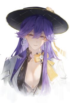 1girl absurdres black_hat breasts commentary cropped_torso earrings elyzerda english_commentary hair_between_eyes hat highres jacket jewelry long_hair looking_at_viewer lucilla_(wuthering_waves) medium_breasts mole mole_under_eye parted_lips purple_eyes purple_hair ribbon simple_background solo white_background white_jacket wuthering_waves yellow_ribbon