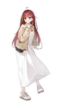 1girl absurdres ahoge akane_lize arm_at_side brown_jacket collared_jacket commentary_request dress ear_chain earrings fake_nails fingernails firehippo flower_earrings grey_eyes grin hair_intakes hair_ornament hairclip hand_up highres index_finger_raised jacket jewelry korean_commentary linked_piercing long_dress long_fingernails long_hair long_sleeves looking_at_viewer multicolored_hair open_clothes open_jacket parted_bangs piercing pigeon-toed red_hair red_nails shoes simple_background smile sneakers solo standing stellive streaked_hair unzipped virtual_youtuber white_background white_dress white_shoes