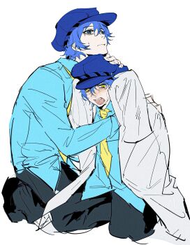 1girl 26duuuu black_pants blue_eyes blue_hair blue_shirt coat crying hair_between_eyes highres hug long_sleeves multiple_views necktie open_mouth pants persona persona_4 shadow_naoto shirogane_naoto shirt simple_background sketch streaming_tears tears white_background white_coat yellow_eyes yellow_necktie