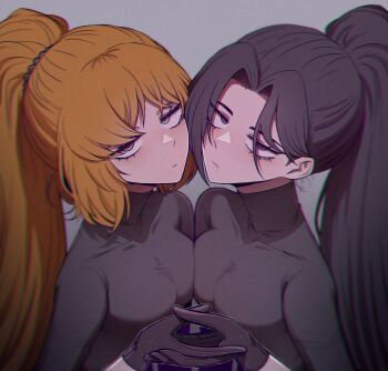 2girls black_bodysuit black_eyes black_gloves black_hair bodysuit breast_press breasts closed_mouth commentary gloves green_eyes grey_background hanafuda_(project_moon) highres holding_hands ishmael_(project_moon) library_of_ruina limbus_company long_hair looking_at_viewer misg1111 multiple_girls orange_hair project_moon scrunchie simple_background small_breasts symbol-only_commentary