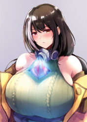 Rule 34 | 1girl, bare shoulders, black hair, blush, breasts, closed mouth, girls&#039; frontline, glint, goban, grey background, heterochromia, huge breasts, jacket, looking at viewer, multicolored hair, red eyes, respirator, ro635 (girls&#039; frontline), sideboob, simple background, solo, streaked hair, sweater, two-tone hair, white hair, yellow eyes, yellow jacket, yellow sweater