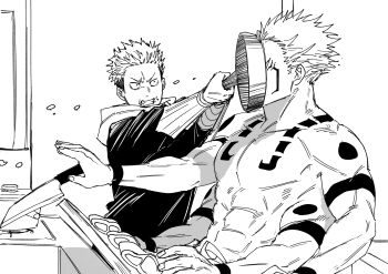 Rule 34 | 2boys, arm tattoo, chest tattoo, commentary request, donki (dnkfuaka1), highres, hitting, itadori yuuji, jujutsu kaisen, male focus, monochrome, multiple boys, ryoumen sukuna (jujutsu kaisen), scar, scar on face, shoulder tattoo, spiked hair, tattoo, topless male, uncle and nephew