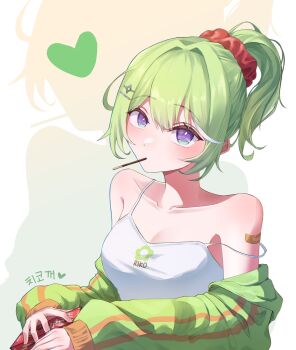 1girl bandaid bandaid_on_arm breasts camisole character_name cleavage collarbone commentary_request double-parted_bangs eb_egbb food food_in_mouth green_hair green_jacket hair_intakes hair_ornament hair_scrunchie heart highres jacket jacket_partially_removed korean_commentary looking_at_viewer multicolored_hair pocky pocky_in_mouth ponytail print_camisole purple_eyes red_scrunchie scrunchie short_hair solo spaghetti_strap stellive strap_slip streaked_hair upper_body virtual_youtuber white_camisole yuzuha_riko